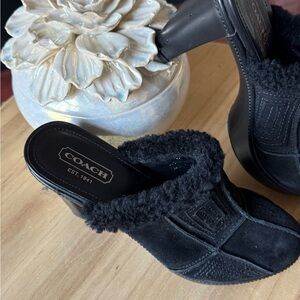 Coach Women's Black Fuzzy Mules